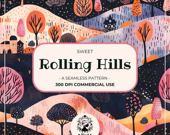 Sweet Rolling Hills seamless pattern, hills print, landscape wallpaper, landscape design, rolling hills pattern, story illustration