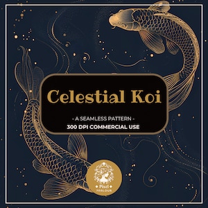 Puede incluir: Diseño de patrón sin costuras con dos carpas koi doradas sobre un fondo azul oscuro con detalles dorados. El texto "Celestial Koi" se muestra en dorado, junto con detalles sobre el uso comercial del patrón.
