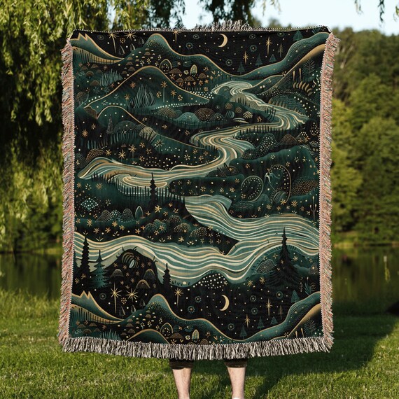 Celestial blanket mystical decor woven throw blanket nature blanket folk art blanket green tapestry Enchanted woven blanket Personalized