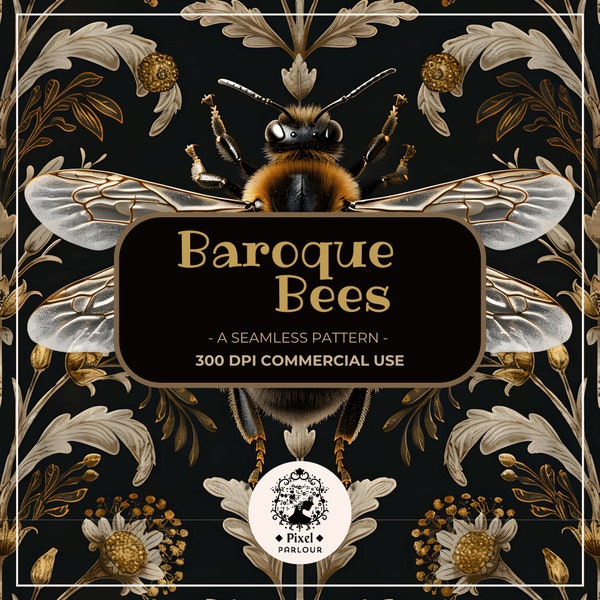 bee seamless pattern bee wallpaper baroque bees botanical print night black gold digital paper bee repeat pattern seamless pattern wallpaper