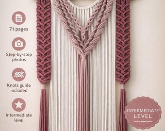 Zelfstudie macramé muurhanger met grote kwastjes | Stap voor stap pdf-bestand van 84 pagina's | Gemiddeld patroon | Knoopgids | Direct downloaden
