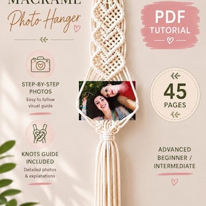 Tutorial per cornice portafoto a forma di cuori in macramè (2 pezzi) / Schema in PDF di 45 pagine / Livello principiante avanzato / Livello intermedio / Guida ai nodi inclusa / Download immediato