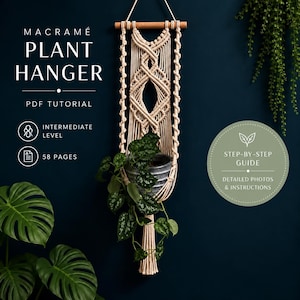 Tutorial para hacer un colgador de plantas de macramé con diseño de diamante / Patrón en PDF de 58 páginas / Nivel intermedio / Fotos paso a paso y guía de nudos / Descarga instantánea