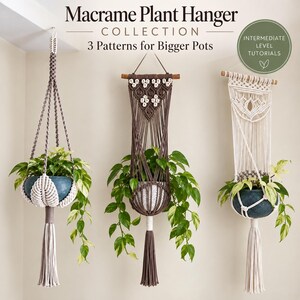 3 Macramé plantenhangers (PDF-handleiding) voor grotere potten | Gemiddeld niveau | Gedetailleerde stapsgewijze foto's en knopenhandleiding