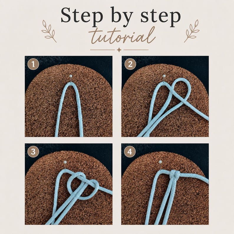 May include: A step by step tutorial graphic featuring four numbered panels showing the process of tying a light blue cord into a knot. Each panel displays the cord pinned to a brown cork surface, demonstrating the progression of the knotting technique.