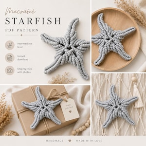 Könnte beinhalten: Ein graues Makramee-Seestern-PDF-Muster mit dem Text Macramé STARFISH PDF PATTERN, Intermediate level, Instant download und Step-by-step with photos. Der Seestern ist als fertiges Objekt auf einem Holzteller und einem Geschenk abgebildet.