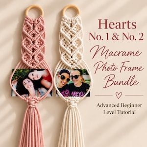 May include: Two macrame photo frames, one dusty rose and one cream, each featuring a wooden ring at the top, intricate heart-shaped knot patterns, and a long tassel at the bottom. The text reads: Hearts No. 1 & No. 2 Macrame Photo Frame Bundle.