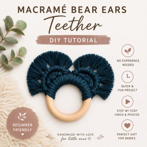 Macrame Baby Teether Wooden Ring PDF Tutorial | Beginner Bear Ears Nursery Toy Project | Minimalist Heirloom Baby Shower Gift