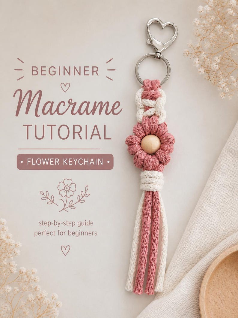 May include: A macrame flower keychain featuring dusty rose and cream cotton cord, a central wooden bead, and a silver heart-shaped clasp. The text reads: BEGINNER Macrame TUTORIAL FLOWER KEYCHAIN step-by-step guide perfect for beginners.