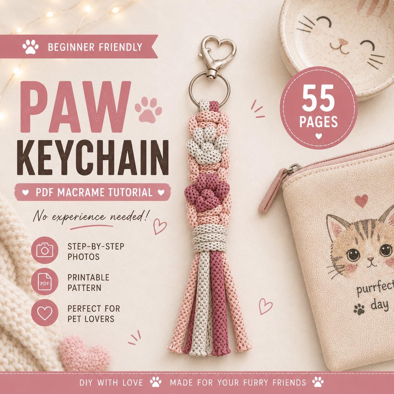 Beginner Macrame Paw Keychain Tutorial | 55-page PDF Pattern