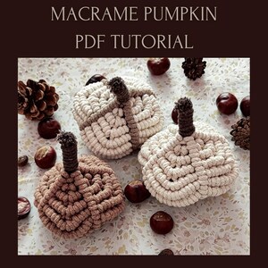 May include: Three macrame pumpkins in cream and brown tones with dark brown stems. The pumpkins are surrounded by chestnuts and pinecones. The text "MACRAME PUMPKIN PDF TUTORIAL" is at the top of the image.
