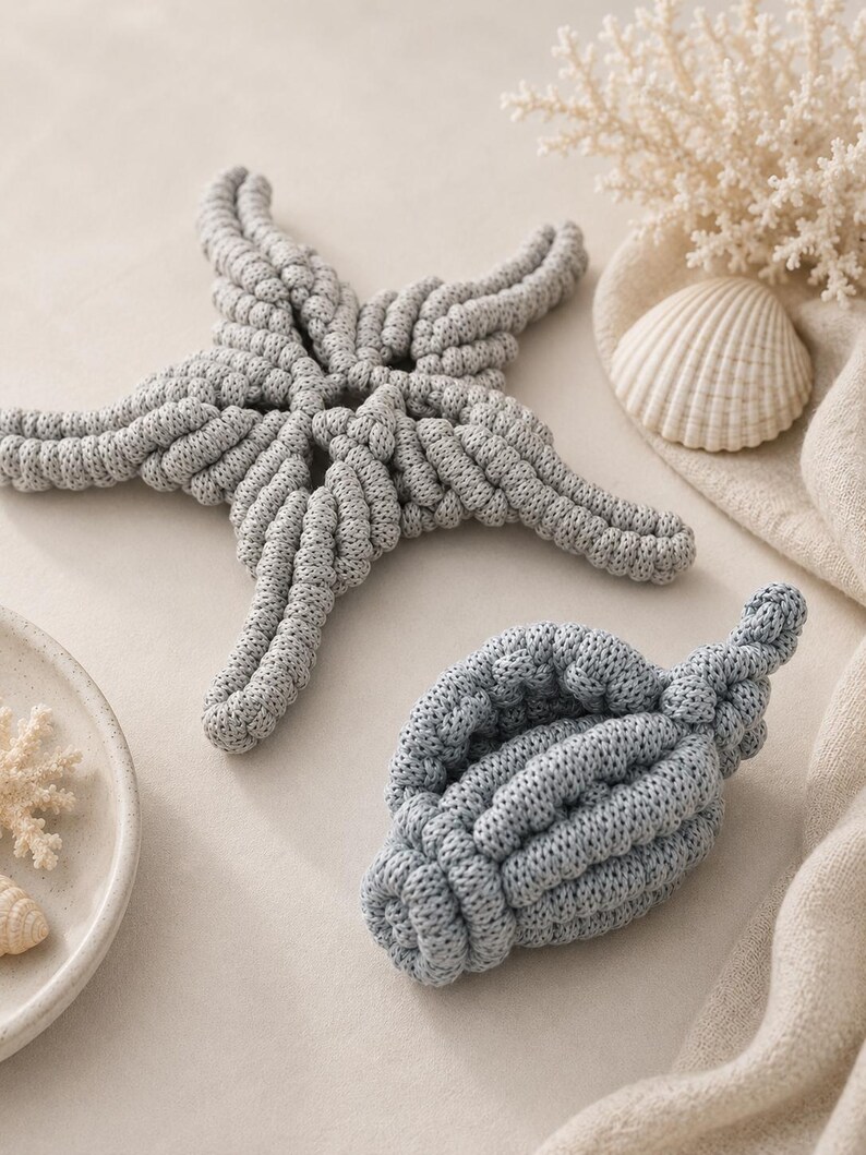 May include: A light gray crocheted starfish and a matching light gray crocheted seashell. Both items feature a thick, textured corded knit pattern. The starfish has five distinct arms, while the seashell has a spiral, ribbed structure.