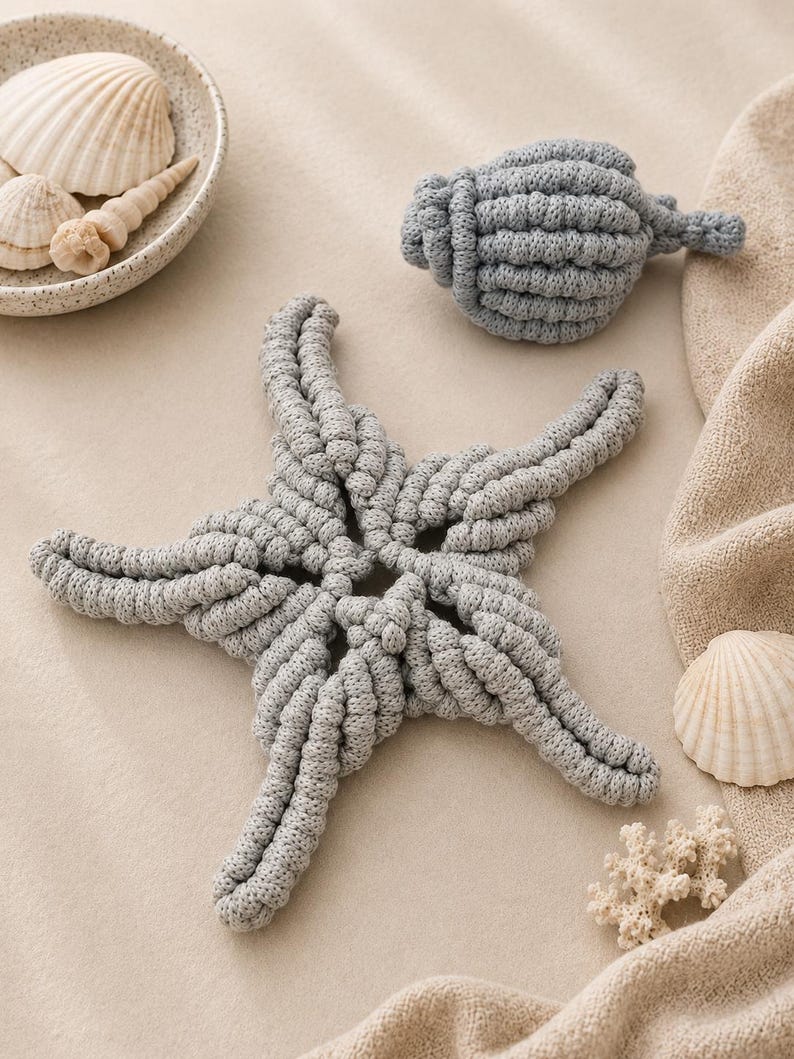 May include: A gray crocheted starfish and a gray crocheted seashell. The starfish has five arms with a textured, knotted surface. The seashell has a spiral shape with horizontal ridges. Several natural white seashells are also present.