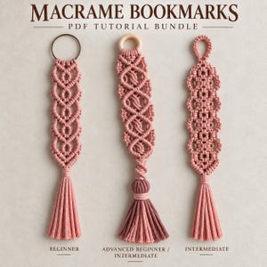 May include: Three macrame bookmarks in shades of dusty rose, featuring intricate knotted patterns and tassels. The left bookmark has a metal ring, the centre has a wooden ring, and the right has a knotted loop. Text reads MACRAME BOOKMARKS PDF TUTORIAL BUNDLE.