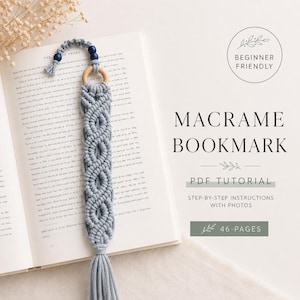 May include: A light blue macrame bookmark with a wooden ring and dark blue beads, featuring the text BEGINNER FRIENDLY, MACRAME BOOKMARK, PDF TUTORIAL, STEP-BY-STEP INSTRUCTIONS WITH PHOTOS, and 46-PAGES on a white background with an open book.