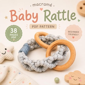 Macrame Baby Rattle with Wooden Rings Tutorial | 38-Page PDF Pattern | Beginner Level | Step-by-Step Photos & Knot Guide | Instant Download