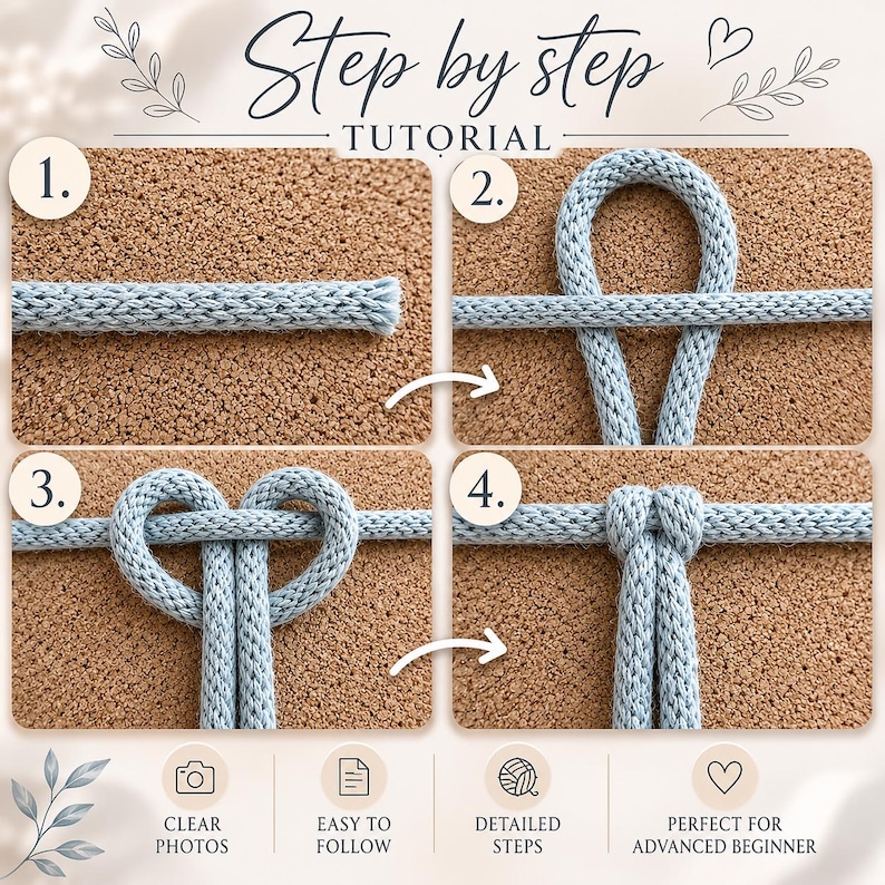 May include: A four-step tutorial showing how to tie a knot with light blue braided cord. The text reads Step by step TUTORIAL, CLEAR PHOTOS, EASY TO FOLLOW, DETAILED STEPS, and PERFECT FOR ADVANCED BEGINNER. The cord is shown in four stages.