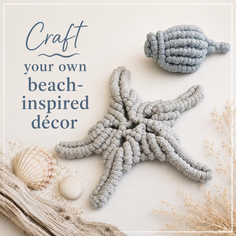 May include: A light gray crocheted starfish and a matching crocheted seashell. The text "Craft your own beach-inspired d&eacute;cor" is printed in blue. Also included are a natural seashell, a small white stone, and a piece of driftwood.