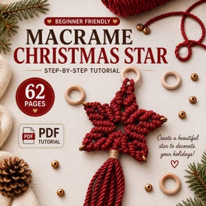 Makramee-Anleitung für einen roten Weihnachtsstern | 62-seitige PDF-Anleitung | Anfänger | Schritt-für-Schritt-Fotos & Knotenanleitung | Sofort-Download