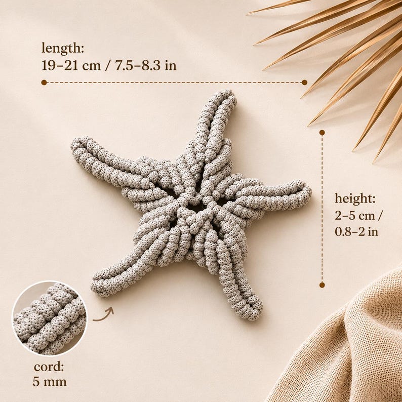 May include: A light gray, five-pointed star-shaped object made of knotted cord. Text indicates a length of 7.5-8.3 inches, a height of 0.8-2 inches, and a cord thickness of 5 mm. The texture is composed of tightly woven, repeating circular knots.
