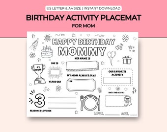 Happy Birthday Mom Coloring Placemat: Birthday Activity (Digital Download)