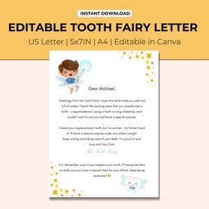 Carta da fada do dente do menino | Fada do Dente Nota Menino | Carta da fada do dente perdido | Nota editável da fada do dente | Carta da Fada dos Dentes | Dente Perdido