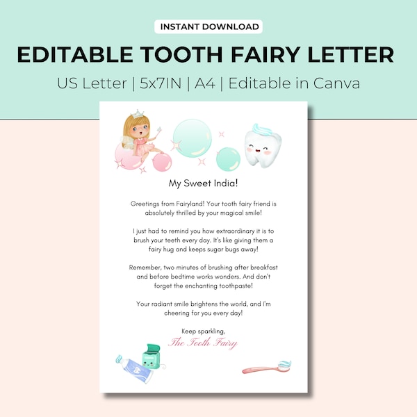 Editable Tooth Fairy Letter | Tooth Fairy Printable | Tooth Fairy Note | Letter From Tooth Fairy | Fairy Letters | Tooth Fairy Certificate