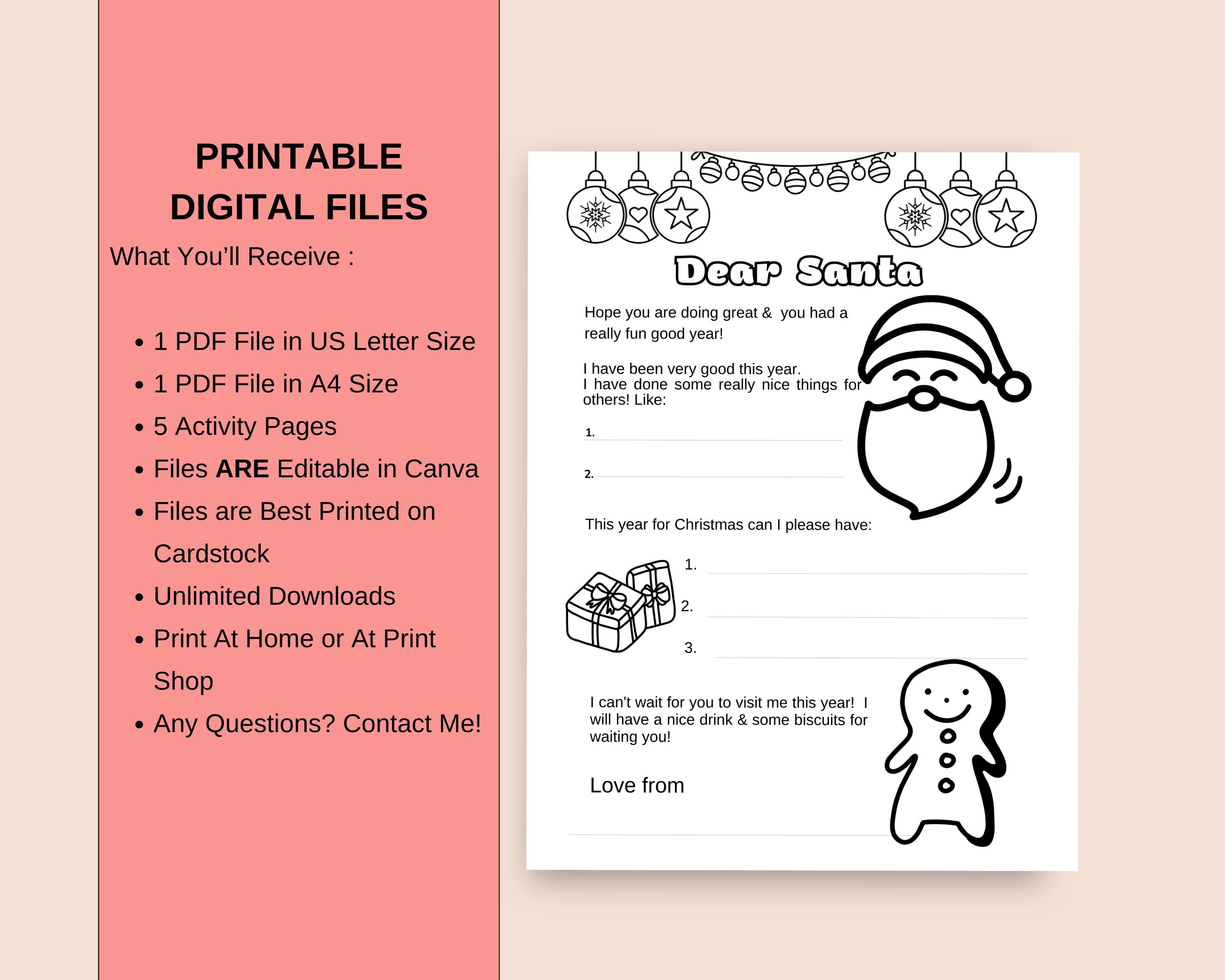Santa List Coloring Note Santa Letter Coloring Page: Printable Christmas Wish List (digital ...