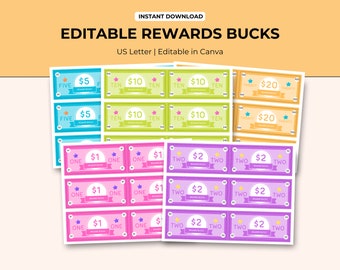 Editable Reward Bucks: Kids Chore System, Play Money (Digital Download)