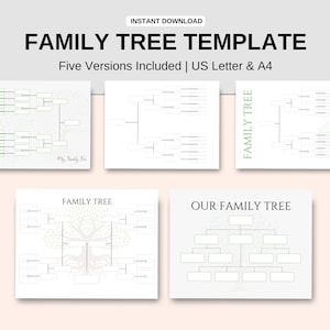 Op de afbeelding: Vijf afdrukbare stamboom sjablonen in zwart-wit met een groen boomontwerp. De sjablonen zijn in verschillende stijlen, waaronder een traditionele boom, een vertakkende boom en een eenvoudige boom.