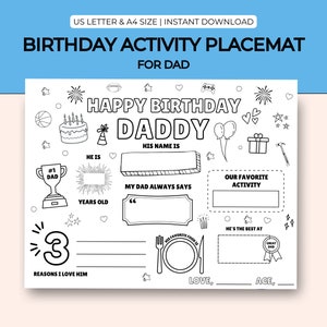 ハッピーバースデー プレースマット | 誕生日アクティビティ プレースマット | パパのこと | ハッピーバースデー パパ ぬり絵 | お父さんの誕生日アクティビティ