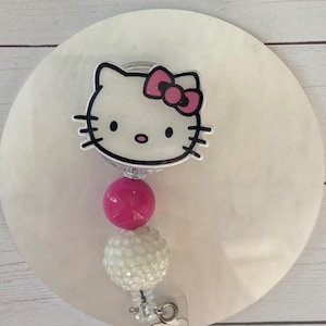 Kitty badge reel with pink beaded retractable badge reel, badge holder