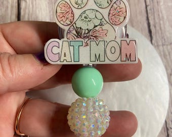 Cat mom badge reel- beaded badge holder for cat mamas and kitty lovers.