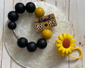 Sunflower Beaded Cup Charm, Straw Topper, Bag Accessory