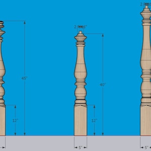 Puede incluir: Tres patas de mesa de madera con detalles decorativos. Las patas tienen 12 pulgadas de alto y una base cuadrada. La pata m&aacute;s alta mide 50 pulgadas, la del medio mide 40 pulgadas y la m&aacute;s corta mide 45 pulgadas.