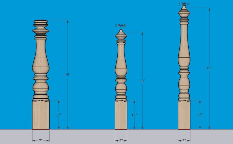 Puede incluir: Tres patas de mesa de madera con detalles decorativos. Las patas tienen 12 pulgadas de alto y una base cuadrada. La pata m&aacute;s alta mide 50 pulgadas, la del medio mide 40 pulgadas y la m&aacute;s corta mide 45 pulgadas.