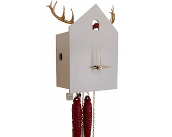 White Black Forest cuckoo clock with golden deer, handmade solid wood cuckoo clock with deer, cuckoo clock with red cuckoo