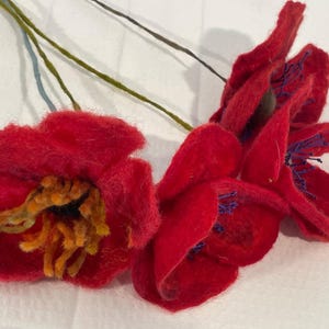Peut inclure: Deux fleurs en feutre fabriquées à la main avec des pétales rouge vif fixés sur de fines tiges vertes. Une fleur présente un centre en fibres orange et noires texturées, tandis que l'autre montre des détails en fil bleu foncé sur ses pétales.
