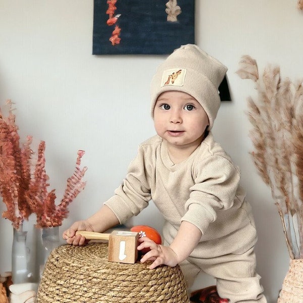 Elegant Beige Knitwear Set for Babies & Kids - Newborn Gift Set, Cozy 3-Piece with Adorable Hat - Ideal Gift For Baby Showers or Birthdays