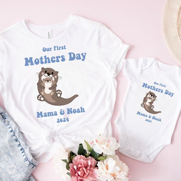 Our First Mother's Day Custom Baby and Mommy Names Cute Otter Shirt Onesie, Mommy and Me Outfits, Matching Gift Set for Mother’s Day