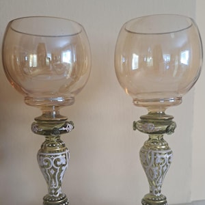 Pair of Fritz Heckert Enameled Hock Wine Glass – Pale Amber & Green Stemware | Antique Art Nouveau Glass