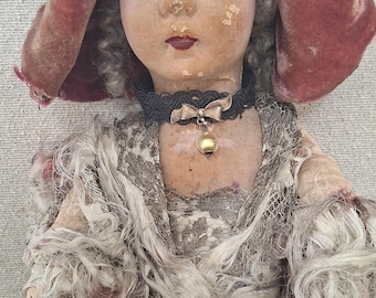 Antique French Art Deco Boudoir Doll, Velvet Bonnet, Hand-Painted Face, 70cm (27.5")(1920s)