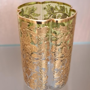 Antique Moser Quadrefoil Juice Glass | Gold Enamel Floral Design Green to Clear| Bohemian Hand Blown Art Glass | Circa 1880 Art Nouveau