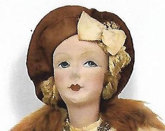 Glamourous Boudoir Doll in Golden Satin Dress with Bow Hat  | 1920s Elegance | Hand-Painted Collectible | Elegant Collectible