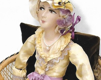 Elegant French Boudoir Doll in Yellow Satin Gown with Lace Trim Floral Accents