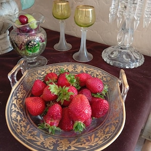 Antique Handled Glass Bowl: Gold Gilt Floral Art Nouveau Serving Dish