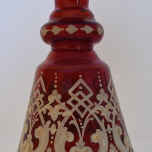 Antique Moser Ruby Red Glass Perfume Bottle | 19th Century Hand-Painted White Enamel | Signed Stopper | Vanity Collectible
