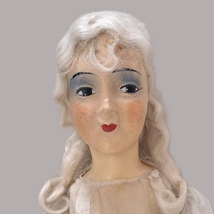 Antique French Boudoir Doll: 1920s Flapper Style, Hand-Painted Face, White Gown
