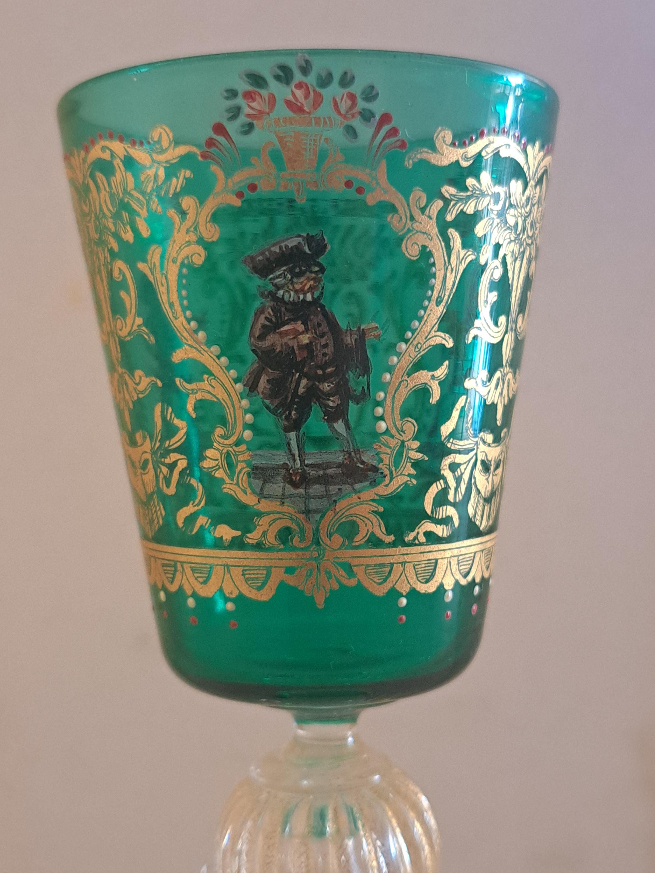 ヴィンテージ ムラーノ ベネチアン ワイングラス、エメラルド