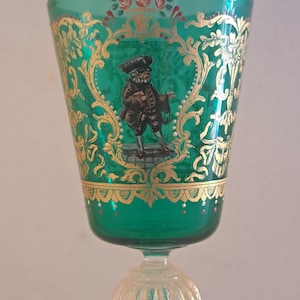 Vintage Murano Wine Glass: Emerald Green & Gold Baroque Hand-Painted
